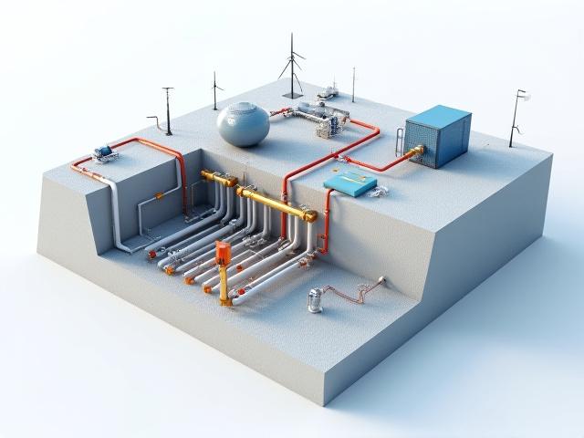 A detailed technical diagram of an advanced closed-loop geothermal energy extraction system with underground heat exchangers and power generation units.